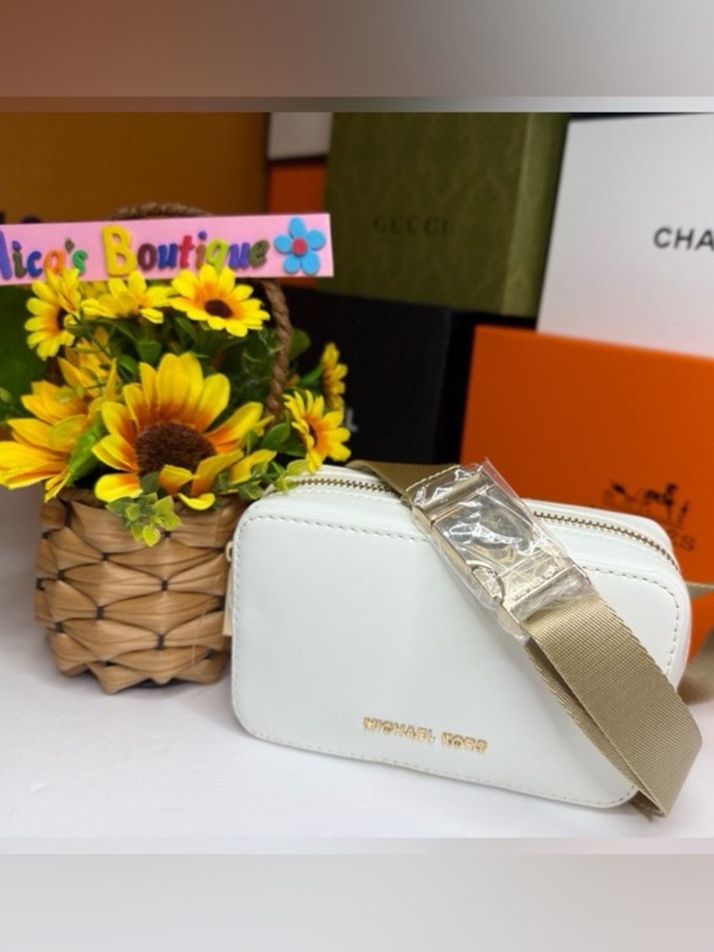 Michael Kors White Leather Crossbody or belt bag with Beige Strap New with tags